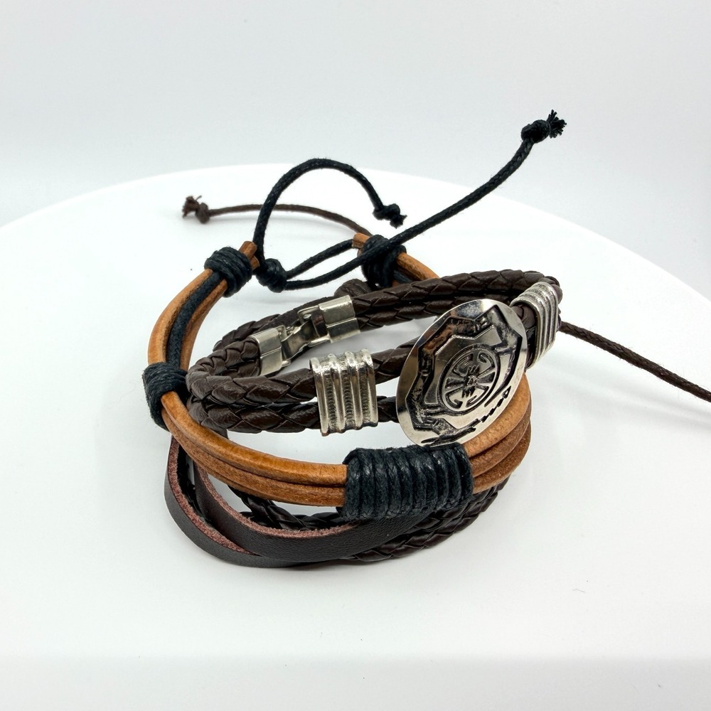 Bracelet Vintage Brown Faux Leather Set St Benedict Medal Braided Cord‎ Religion